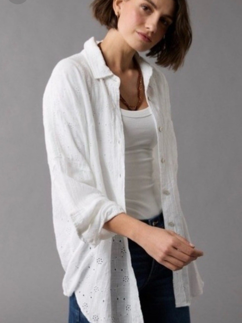 American Eagle Outfitters White Eyelet Button-Front Shirt